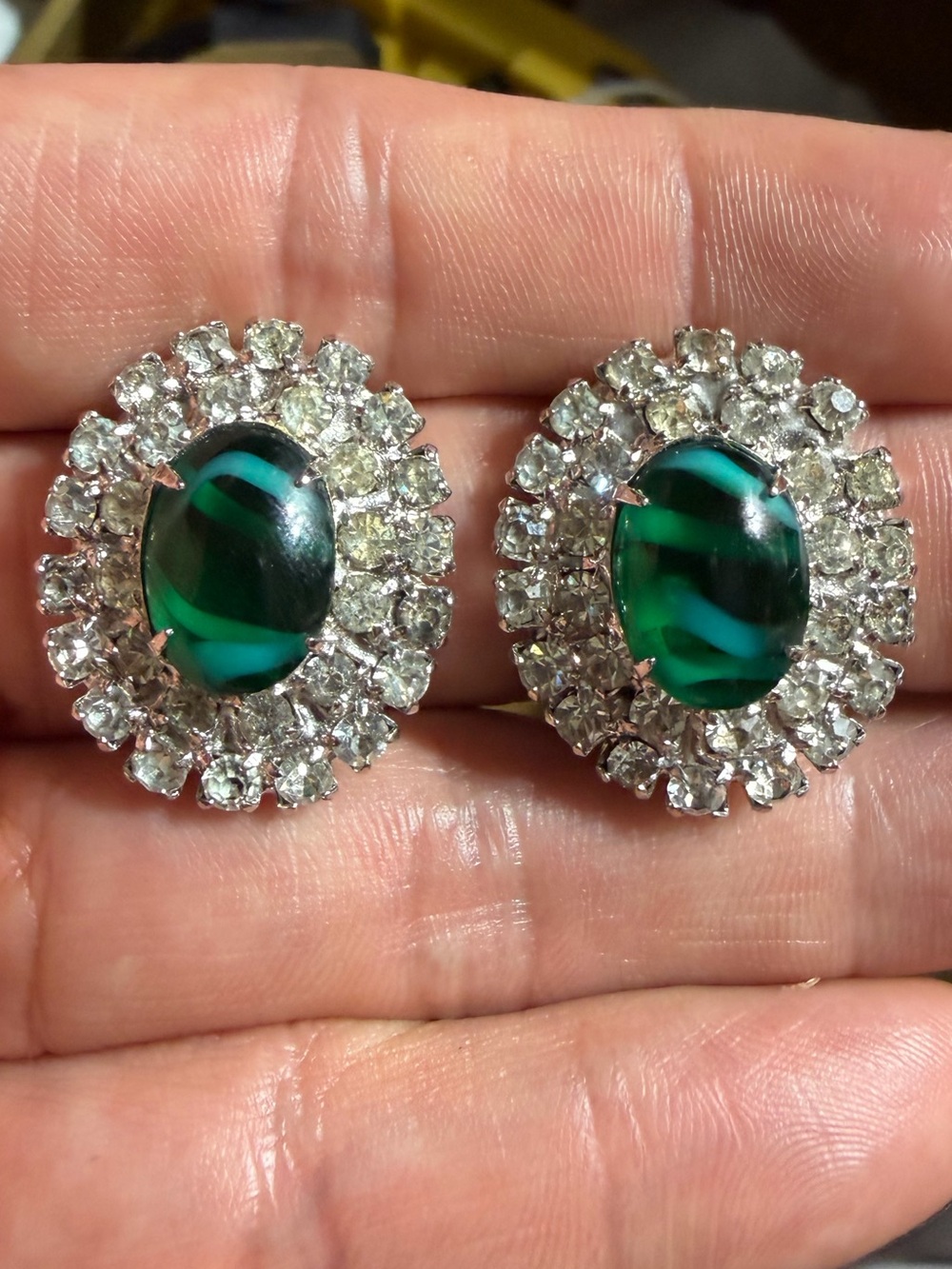 Vintage Green Cabochon Crystal Halo Earrings